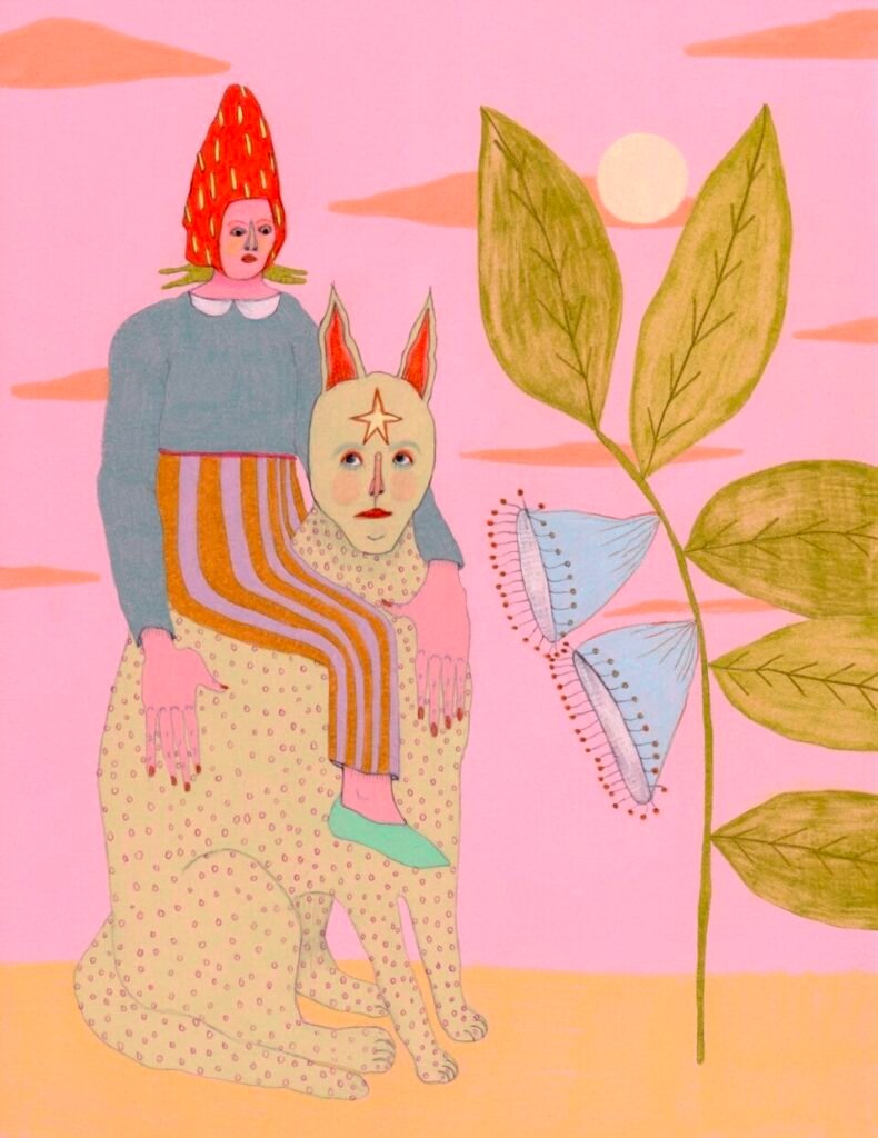 a figure with a strawberry hat rests on a cat-human hybrid