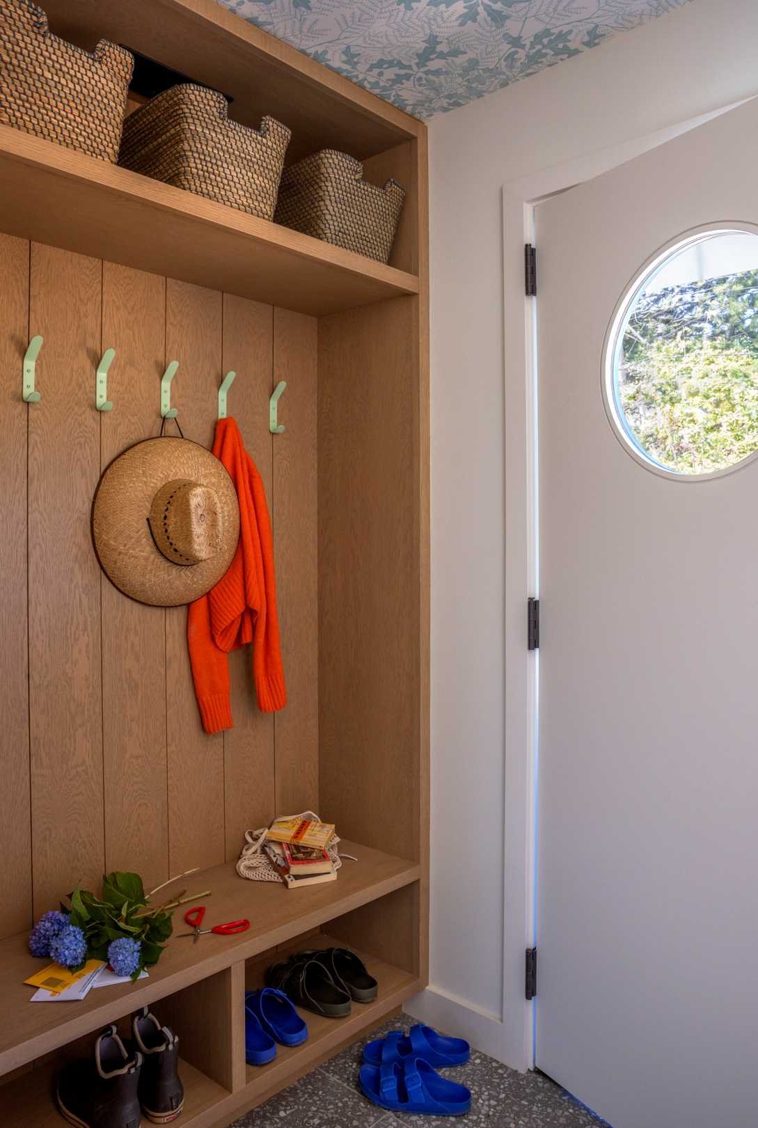 A custom built shelving unit with hooks.