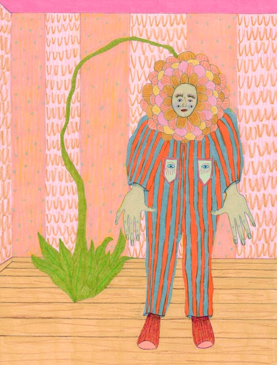 a figure with a flower head and stem with leaves coming from the top of its head. the figure wears a striped suit