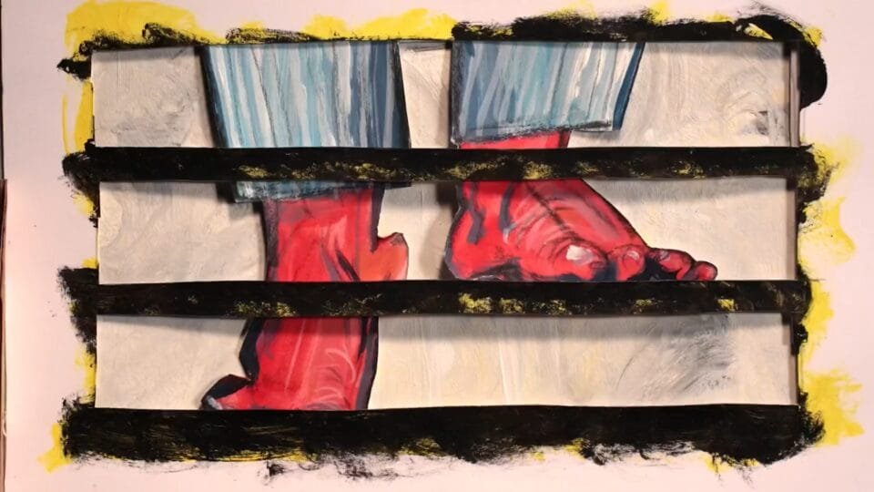 two red feet walk up a flight of stairs