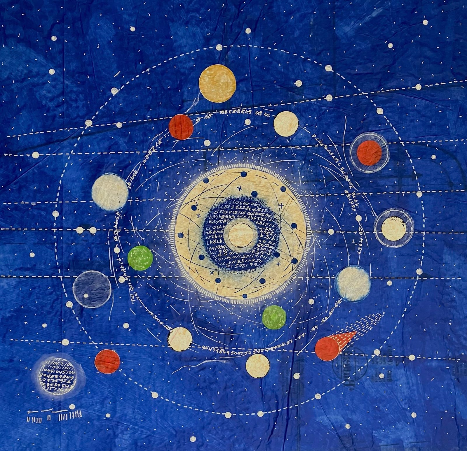 a geometric artwork of colorful circles on a blue background