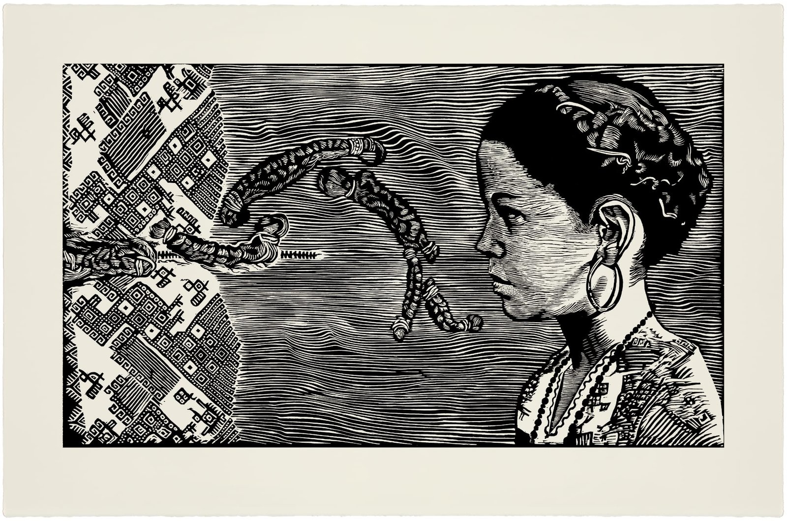 a woodblock print of a snack reaching out toward a child