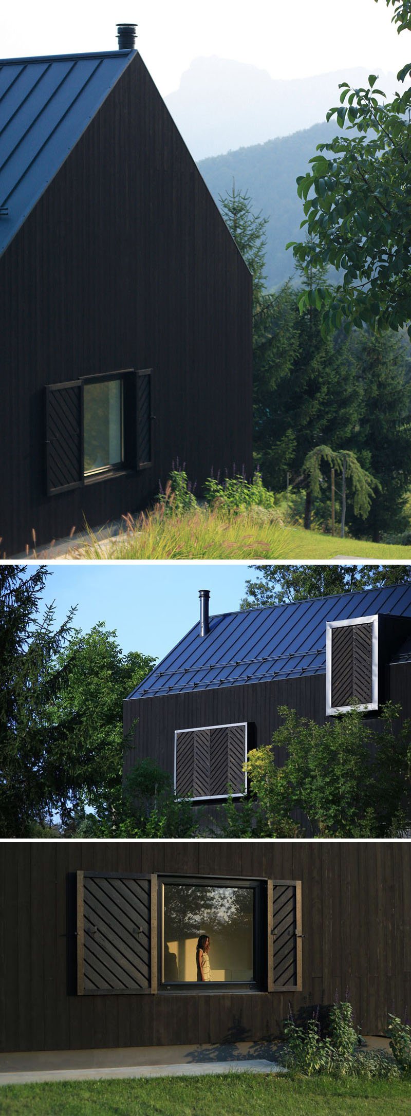 Diagonal black wood shutters cover the windows, adding character and function. By day they disappear into the facade, and by night, light glows through the slats, transforming the house into a lantern.