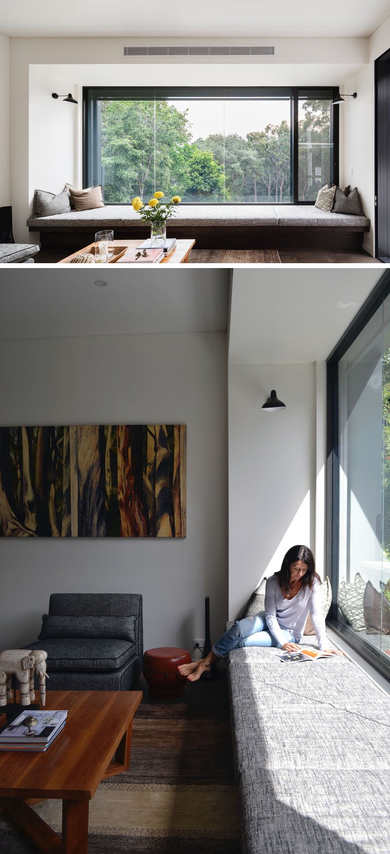 A long cushioned window seat runs the length of the glass, turning the bush outside into part of the interior. Sunlight pours into the lowest level, making it a bright and welcoming hub.