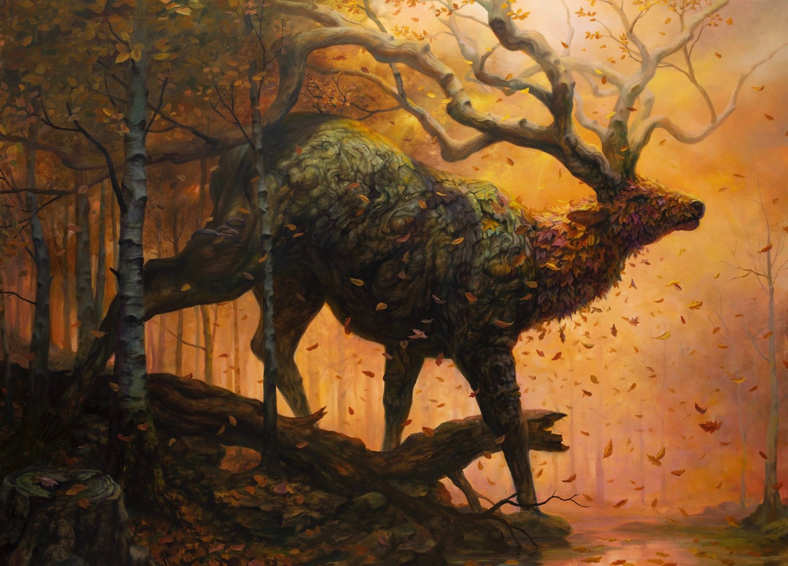 an oil painting by Martin Wittfooth of an elk with large branches for antlers and a body covered in leaves
