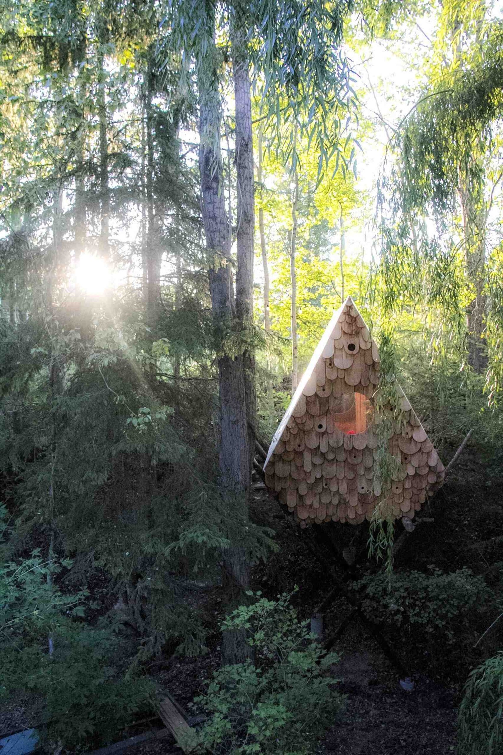 A tiny treehouse in the forests of Canada that’s also home to local birds. Designed by Studio North, the Birdhut blends into the canopy with its whimsical design, reclaimed materials, and built-in birdhouses that let humans and wildlife share the same space.