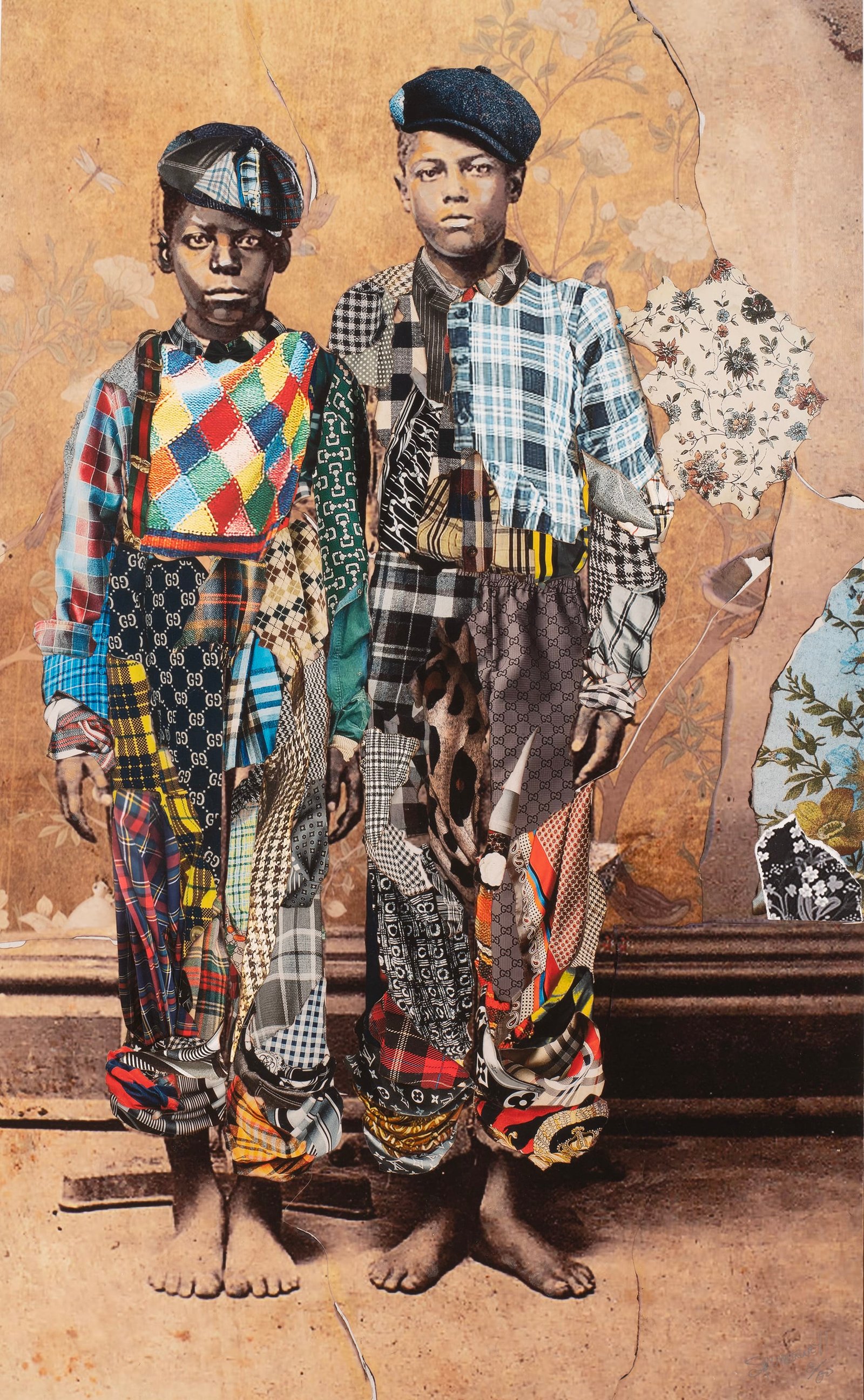 a framed portrait by Stan Squirewell, from an old photograph, of two young Black men with colorful, patterned fabrics collaged onto the image