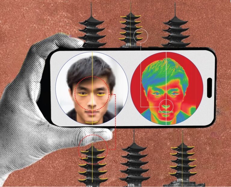 A thermal and anatomical analysis of an East Asian male face juxtaposed with a pagoda temple structure to explore symmetry and vertical segmentation.