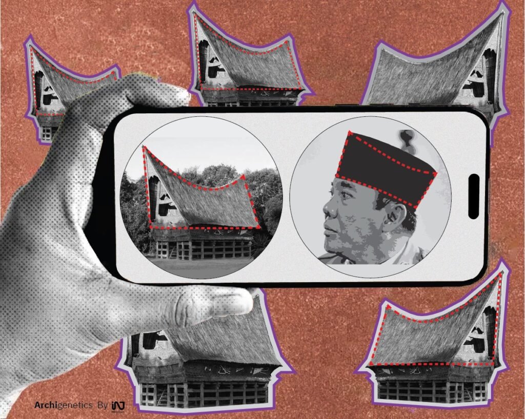 A hand holding a phone displaying a traditional Indonesian house on the left and a man's head in traditional headwear on the right, both outlined to highlight the mirrored roof and hat shapes.