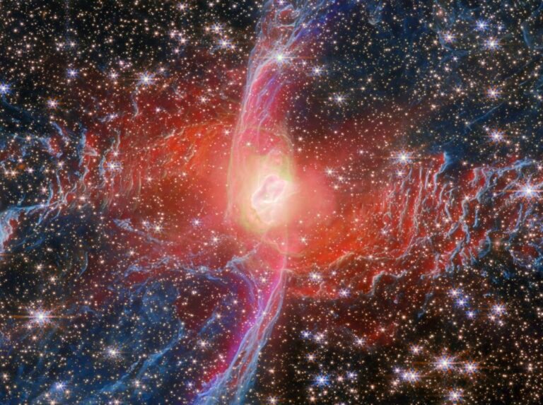 a detail of the bright nucleus star of the Red Spider Nebula, captured by the Webb space telescope