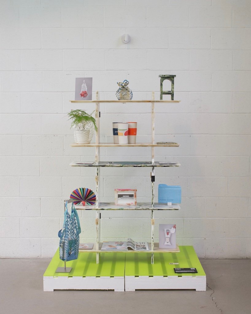 plastic marble display shelf turns upcycled materials into reconfigurable furniture
