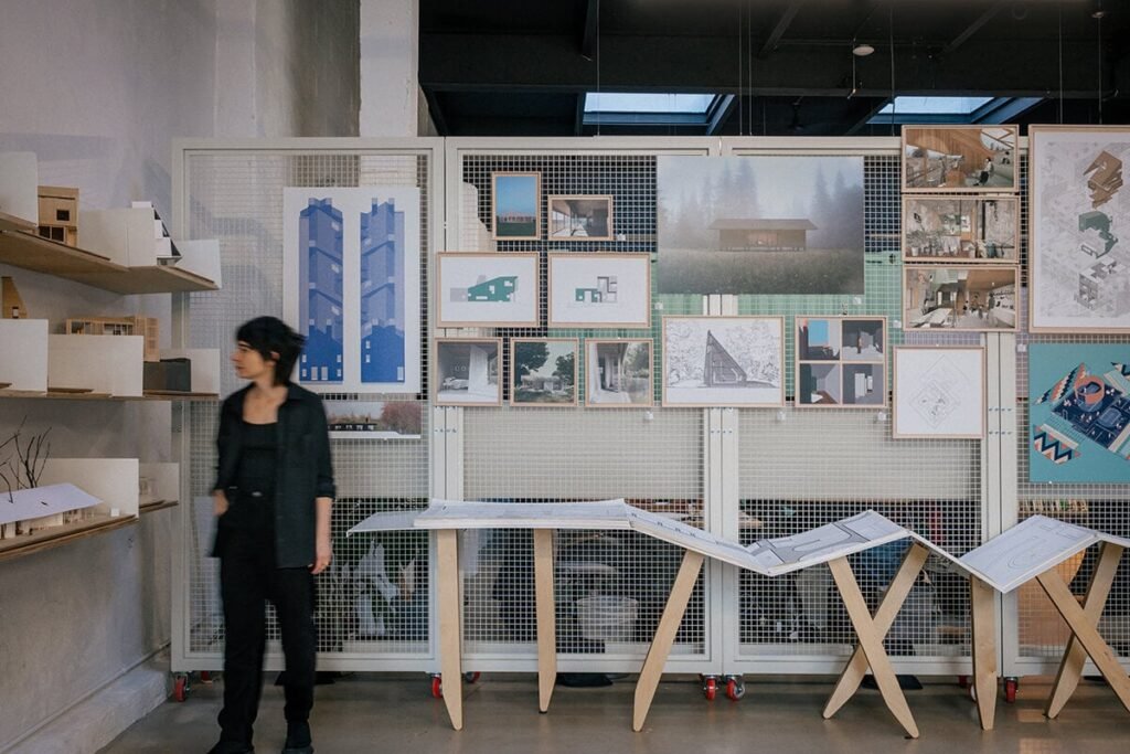 drawings and models on walls and shelves