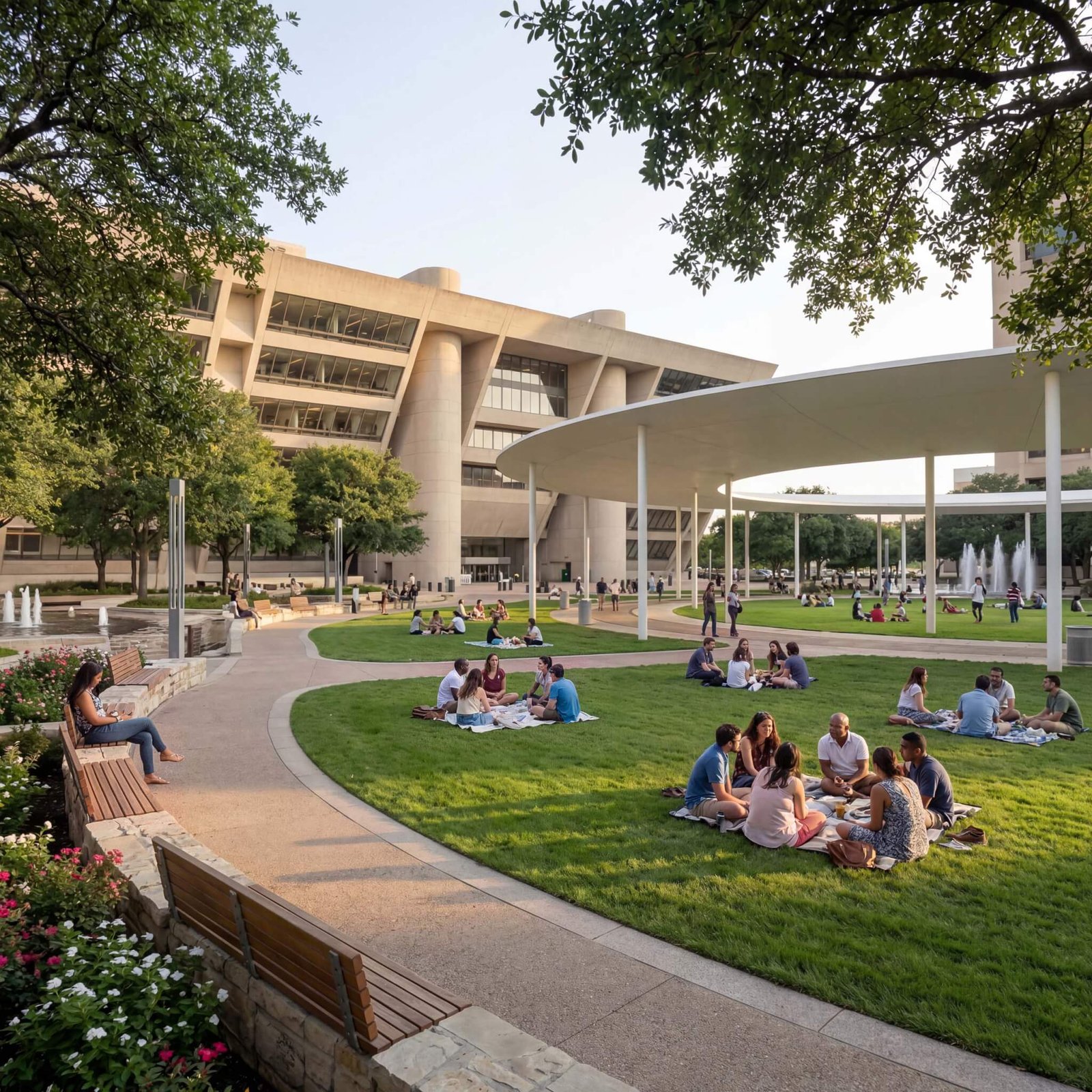 a large park in front of expanded dallas city hall