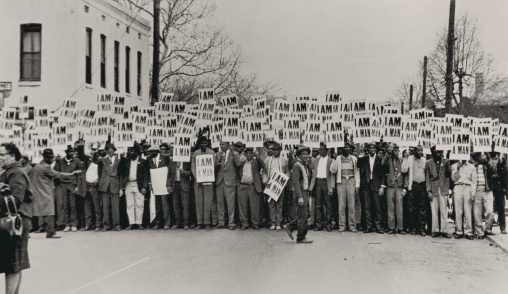 a black and white photo of a crowd picketing