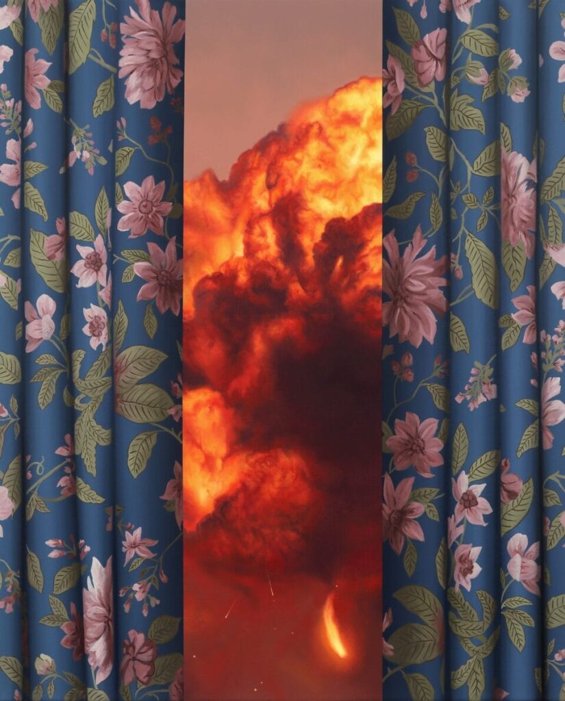a painting by Shawn Huckins of curtains opening to reveal a fire