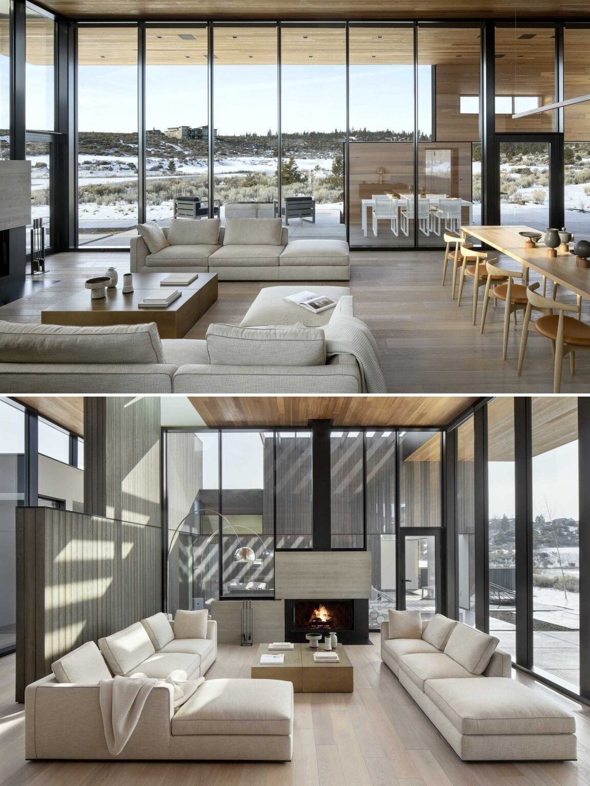 High wood-lined ceilings, warm cedar finishes, and expansive glazing create an inviting living space filled with natural light and desert views.