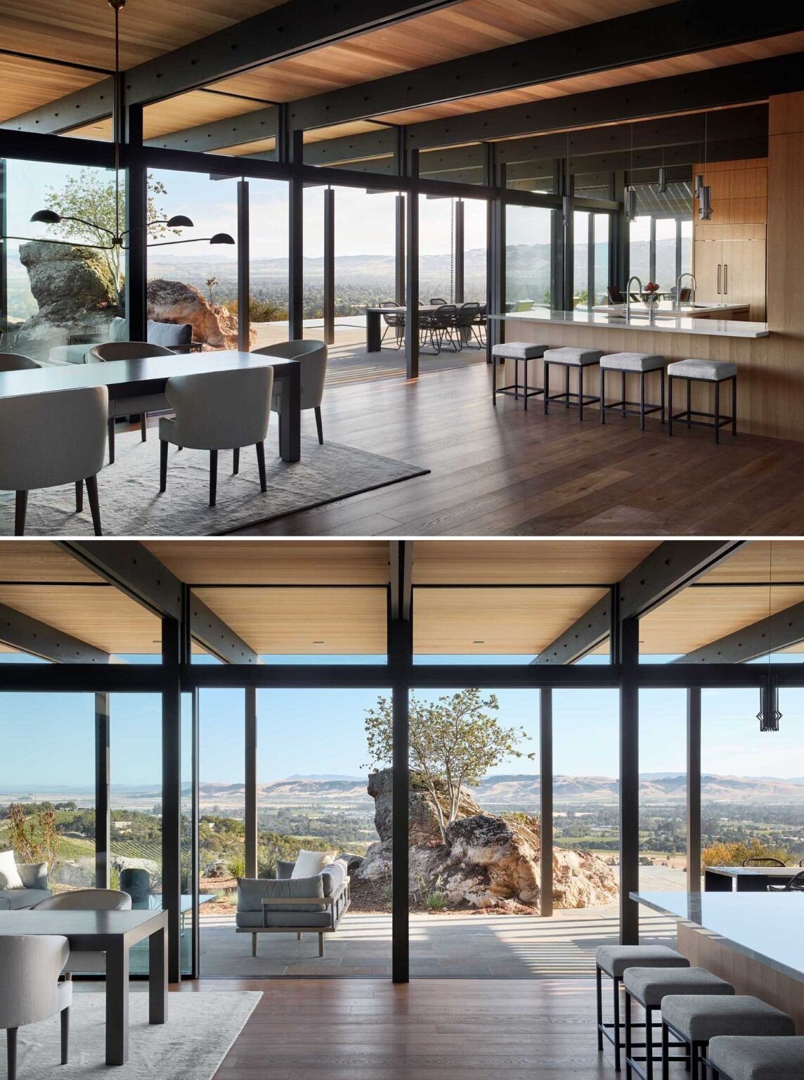 Exposed post and beam construction adds architectural character to the open-plan dining and living areas overlooking Sonoma Valley.
