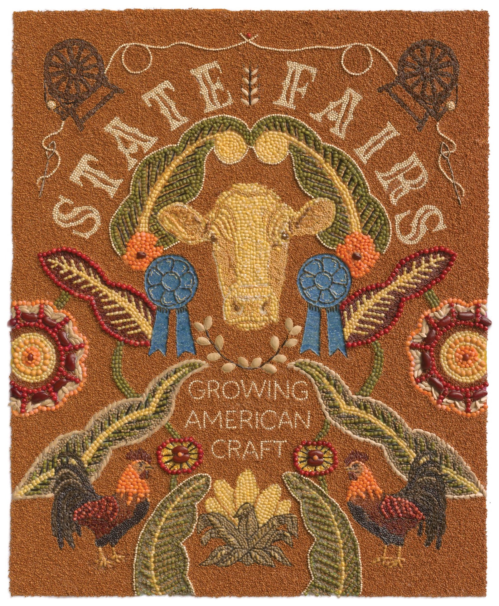 a seed art piece that depicts a cow and other symbols of agriculture, with the words 'State Fairs: Growing American Craft