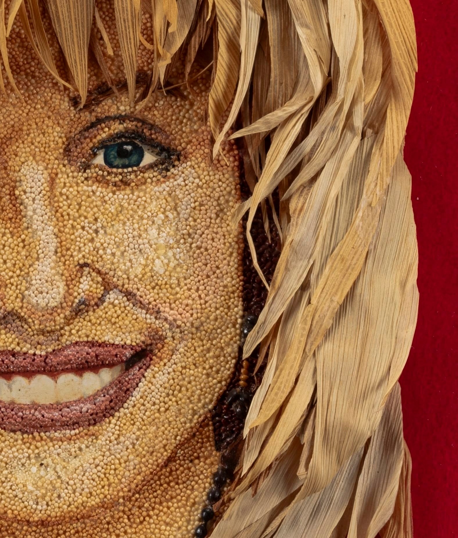 a detail of a seed art portrait of Dolly Parton
