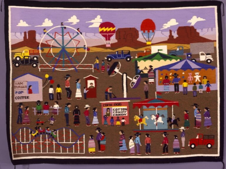 a woven textile depicting people in the desert at a carnival