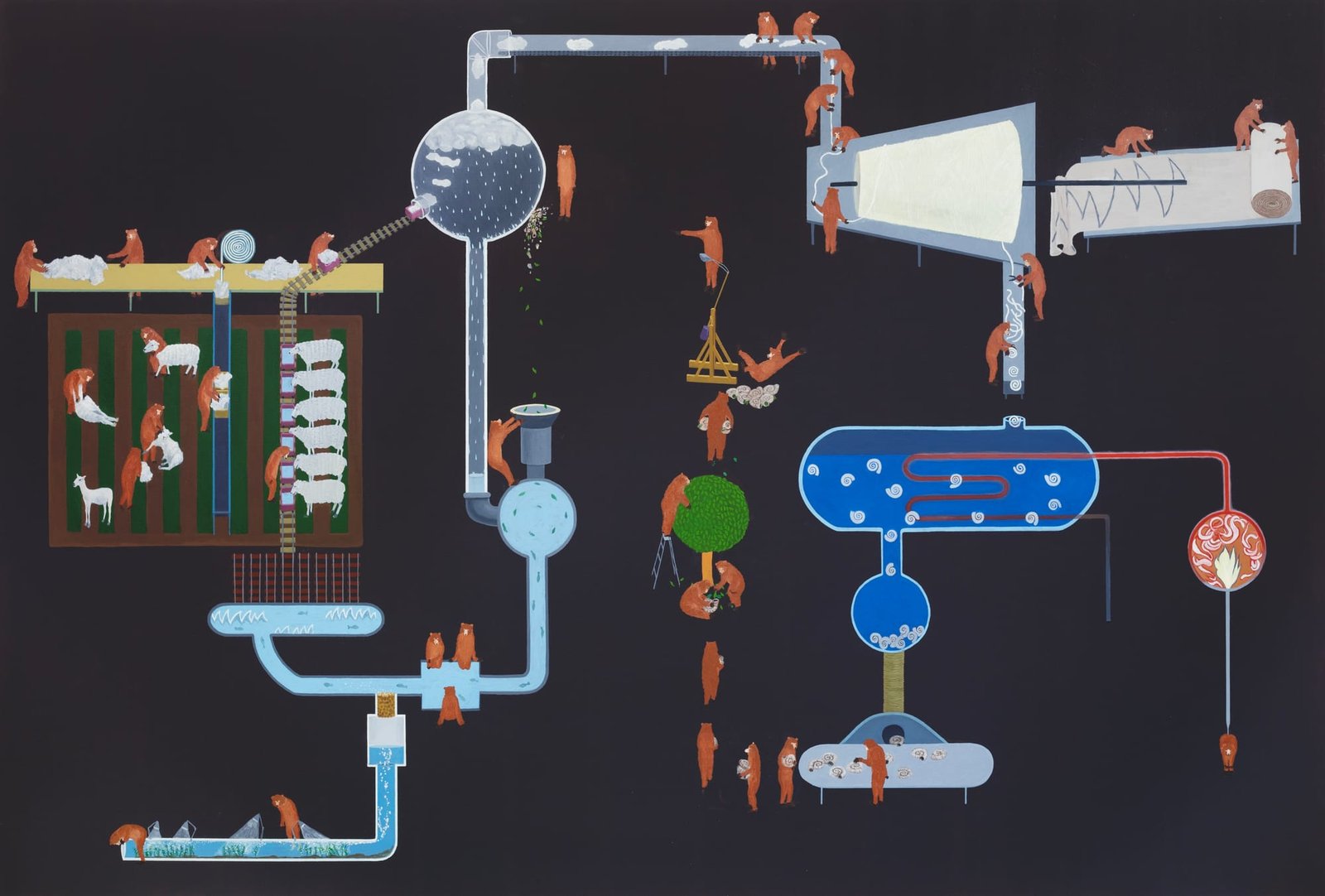 Oil painting depicting bears walking across a flat blueprint diagram of the Chernobyl Nuclear Power Plant