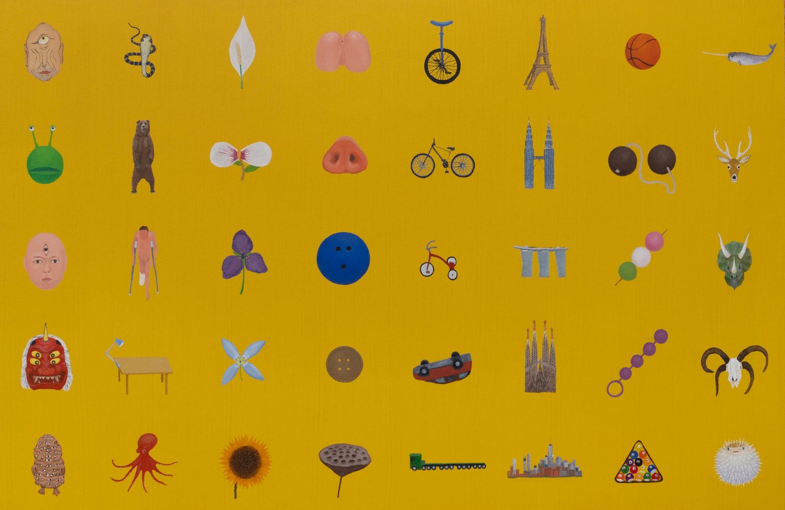 Oil painting from the Chart of Darkness series with strict shapes laid out like a taxonomic diagram