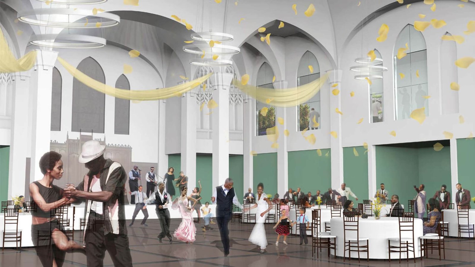 Surreal modern interior rendering of the revitalized Zion Baptist Church annex