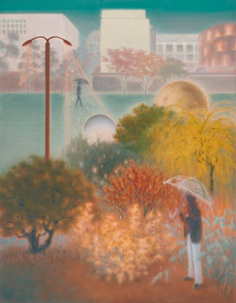 a painting of a person standing under an umbrella in a park near some colorful trees