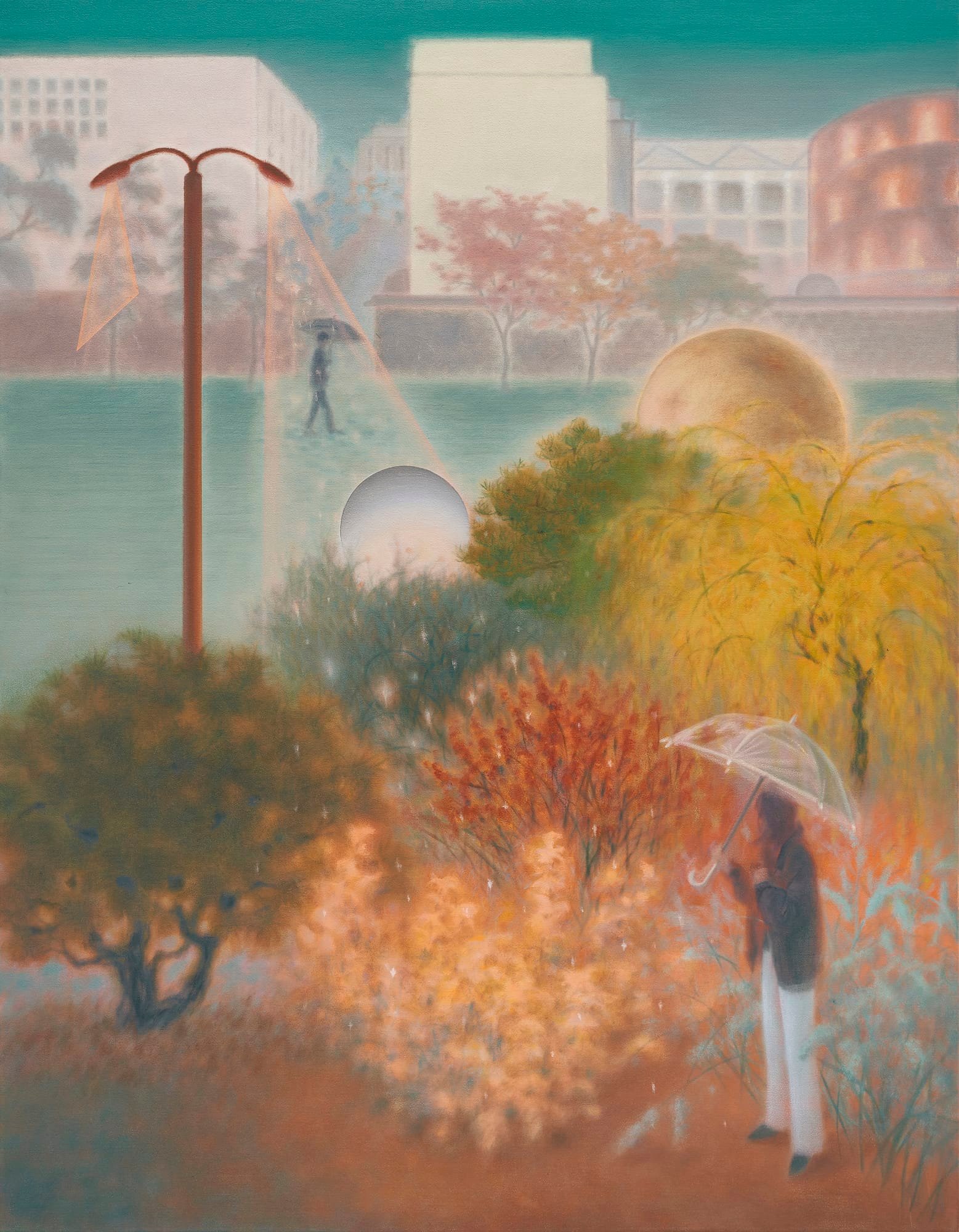 a painting of a person standing under an umbrella in a park near some colorful trees