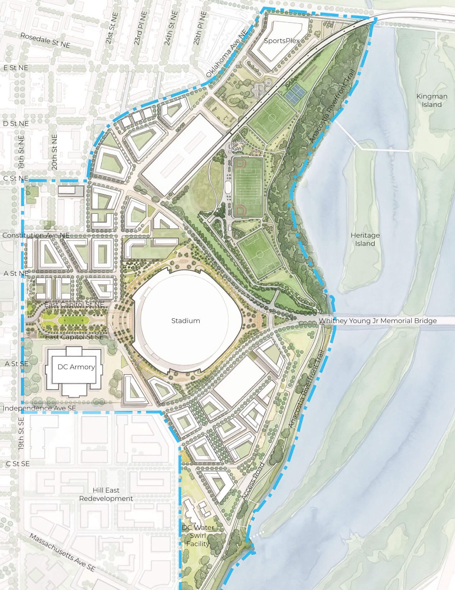 Site master plan map identifying distinct campus districts and landmark zoning boundaries