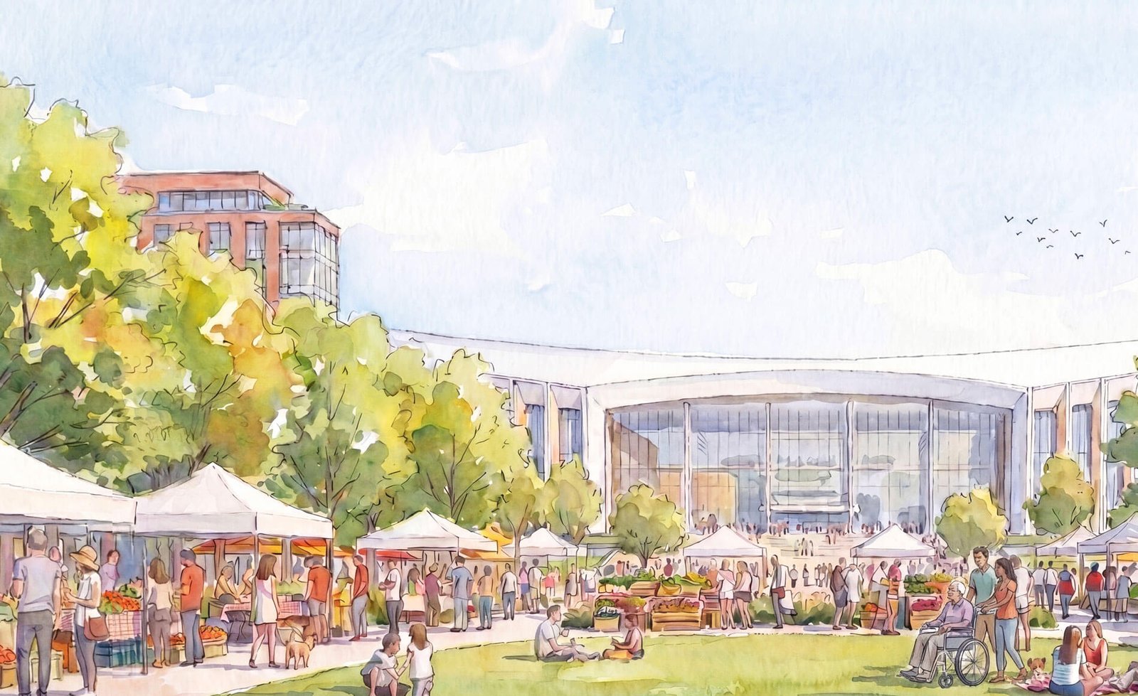 Watercolor rendering of the new Washington Commanders stadium and surrounding entertainment plaza