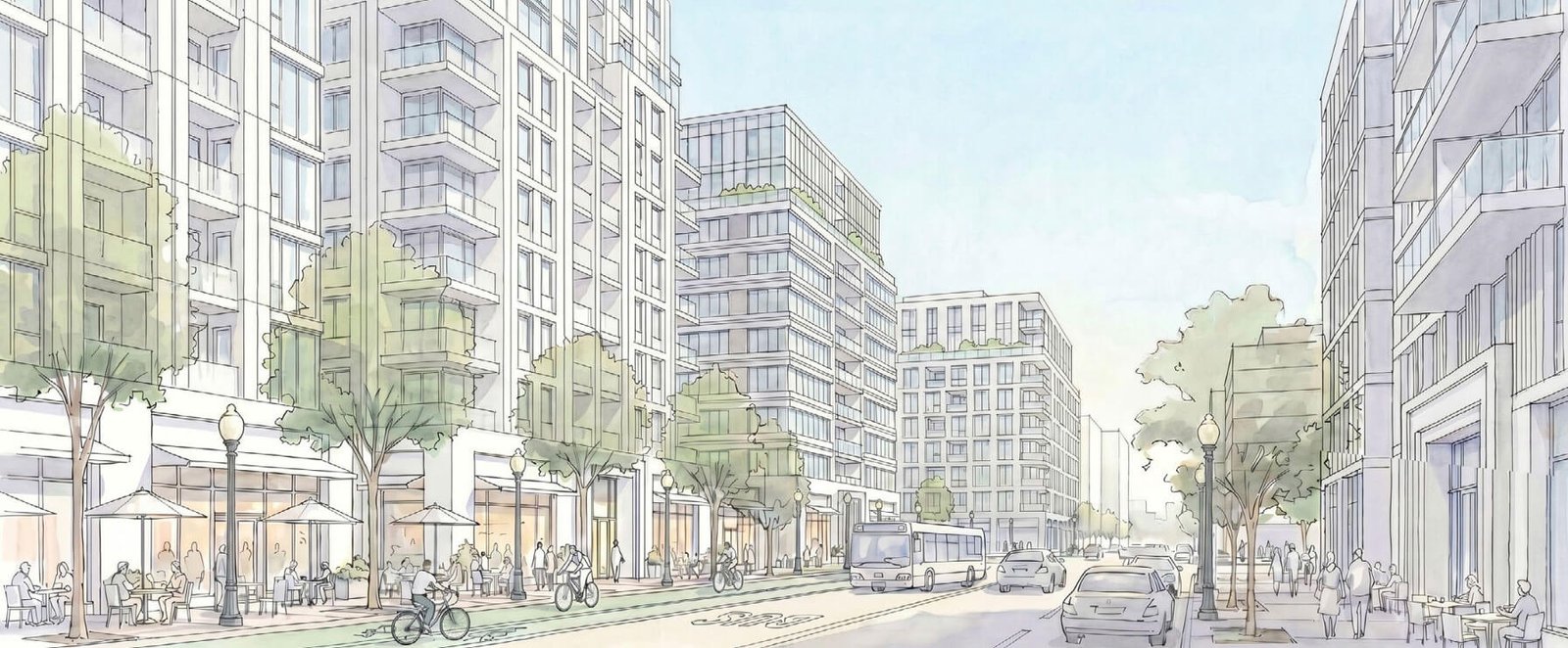 Section rendering of 22nd Street streetscape detailing the dedicated bus lane and protected cycling infrastructure