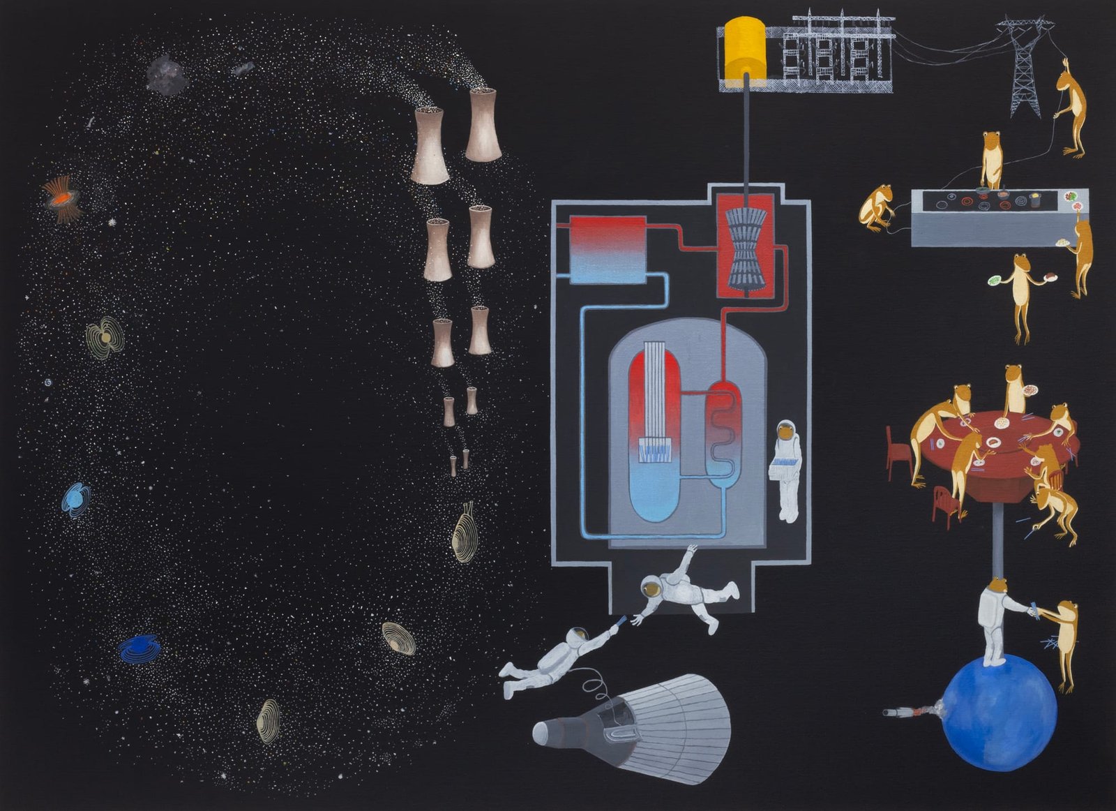 Oil painting combining industrial nuclear cooling towers with astronomical star clusters
