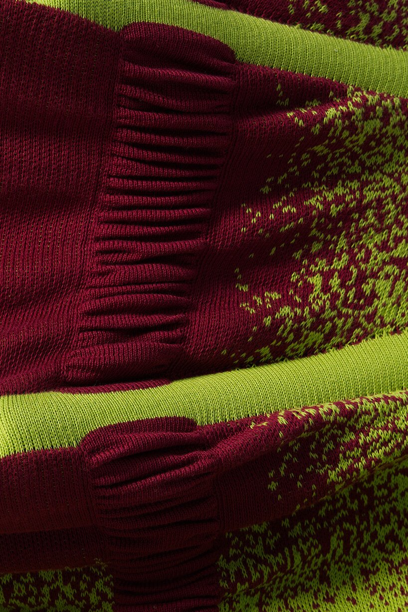 Macro detail of the heavy gauge knit stitch and structural integrated wire channels