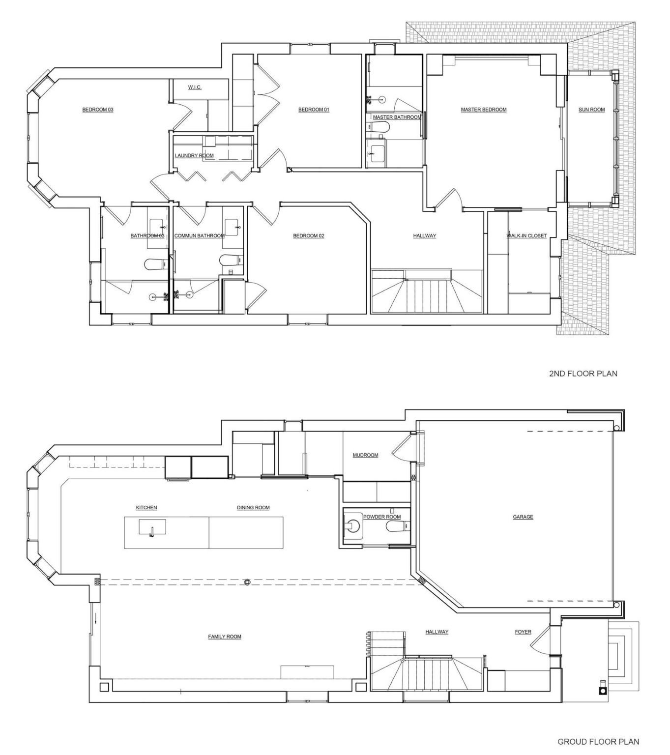 Architectural floor plan drawing illustrating the main and upper level layouts for Harty House