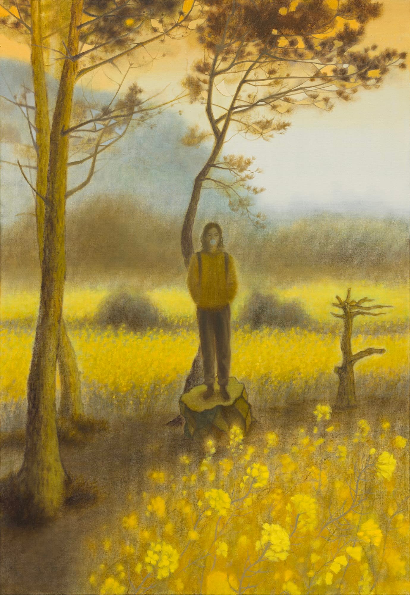 a yellow-toned painting of a woman in a meadow beneath some trees