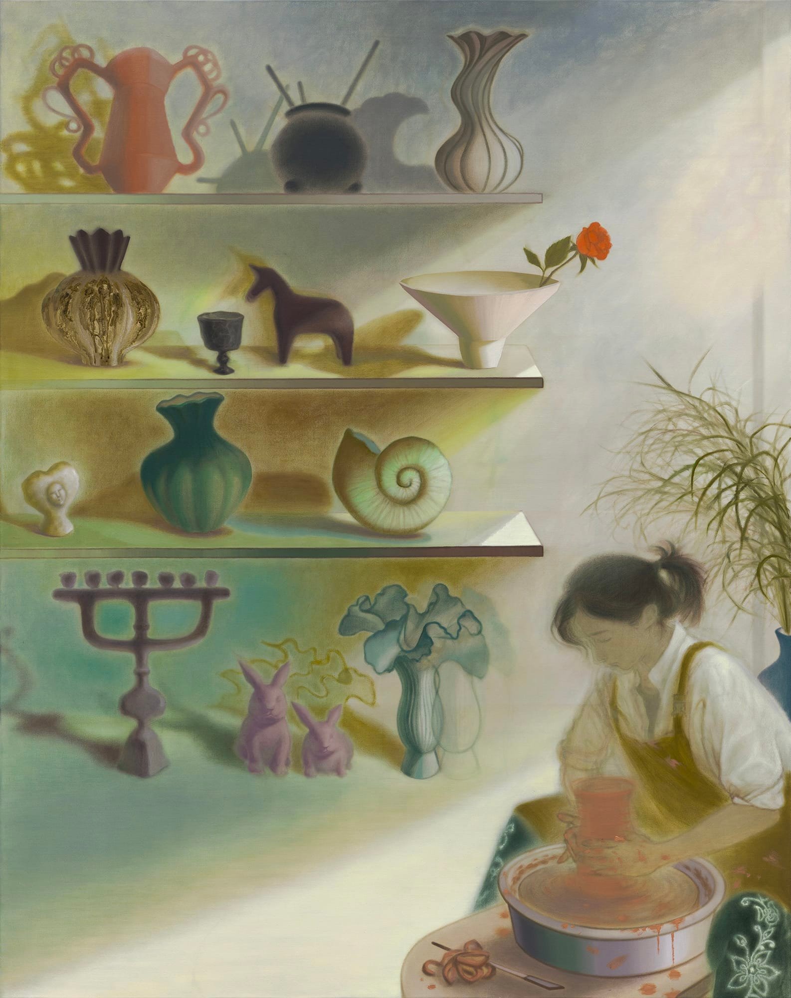 a painting of a woman making pottery next to a shelf full of different shaped objects