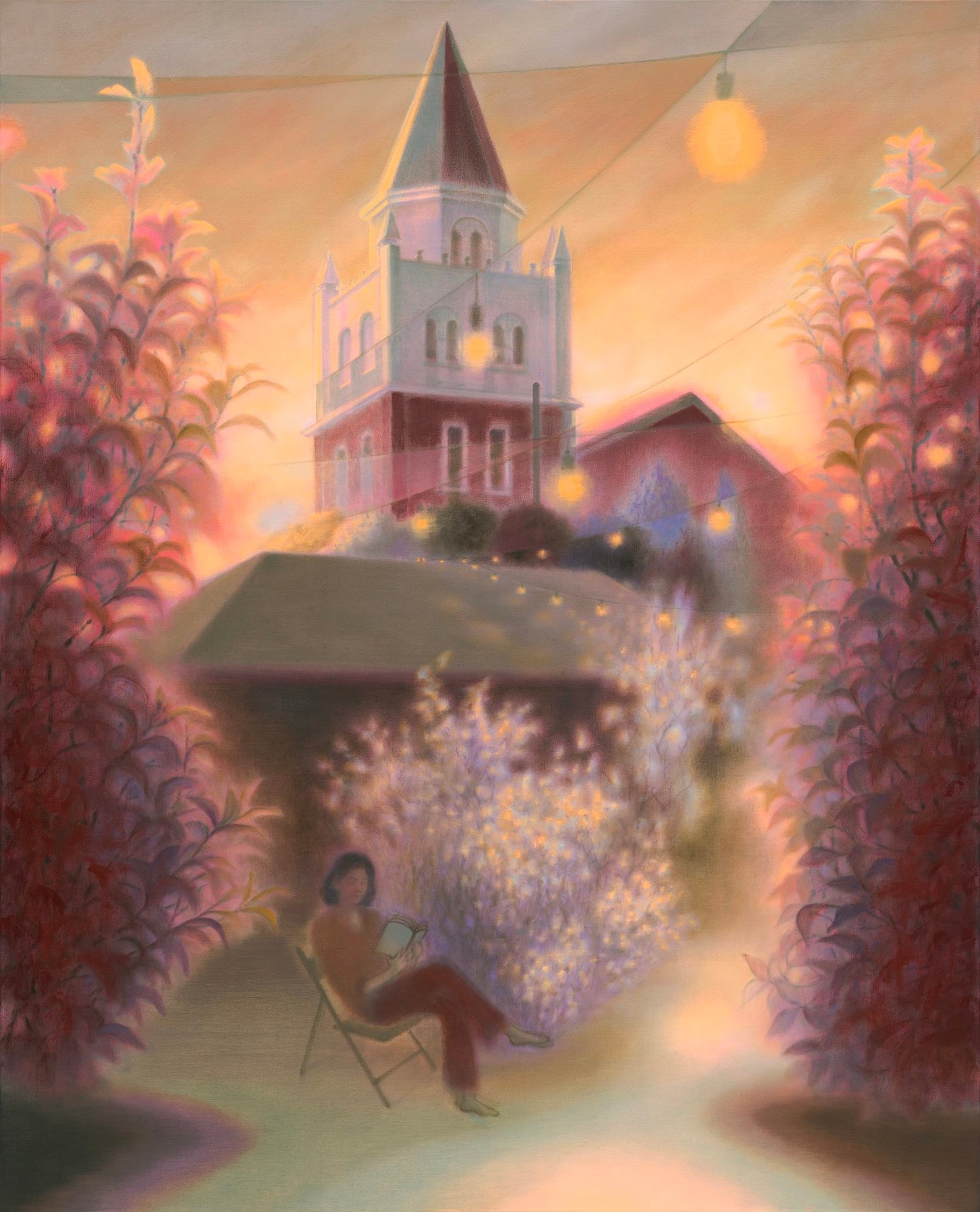 a painting of a woman seated on a lawn in front of a church at the golden hour, with a fuzzy, dream-like feel to the composition