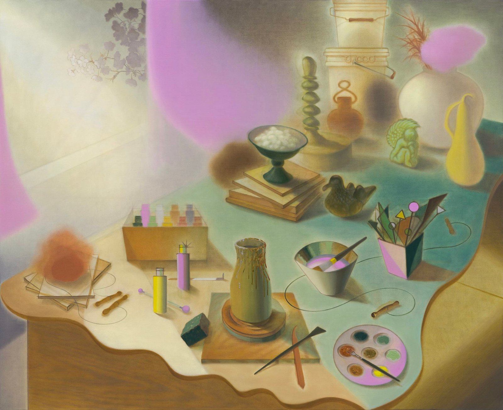 a still life painting of food and other decorative objects on a table