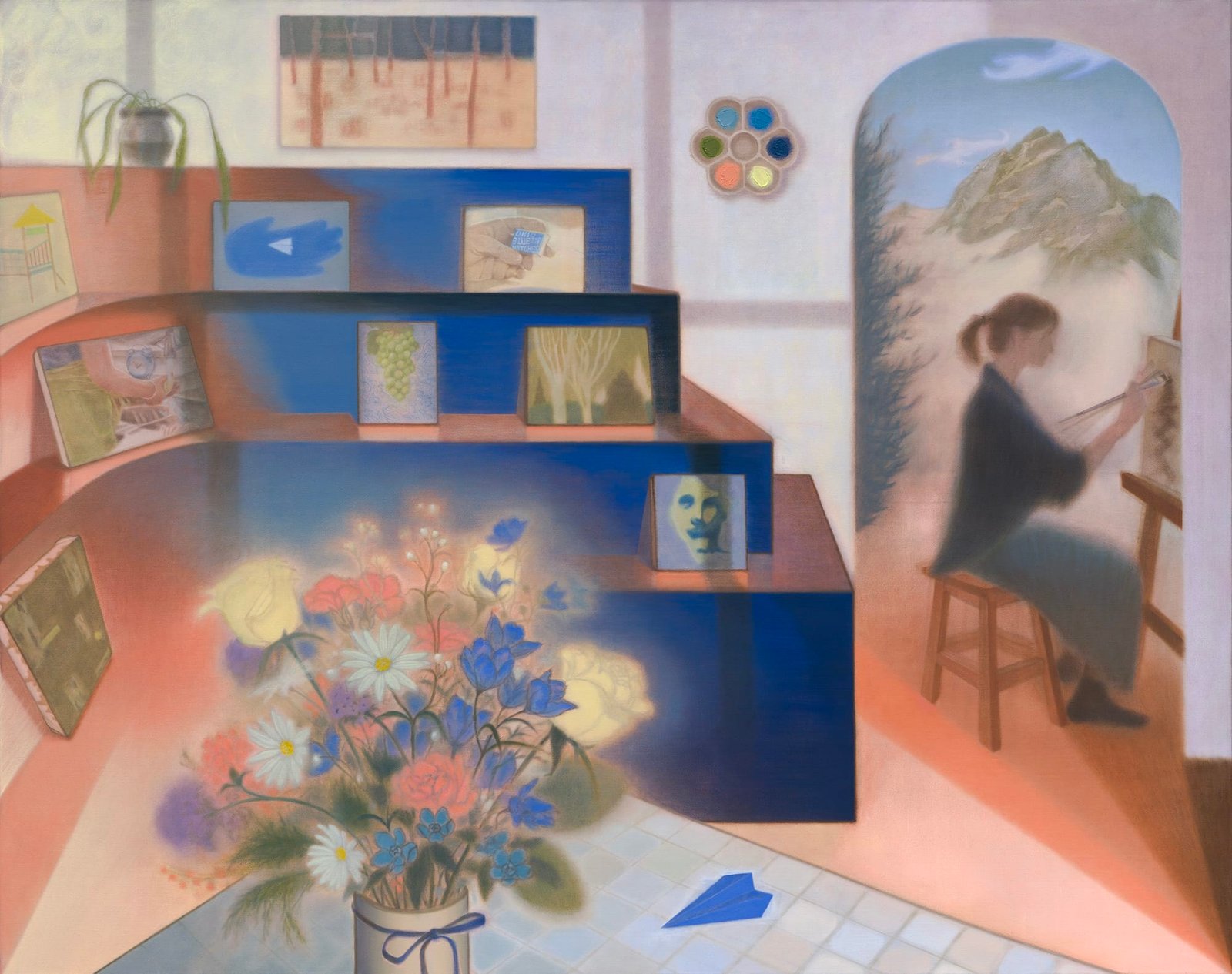 a painting of a woman seated in a room, painting, with shelves and flowers and other objects around her