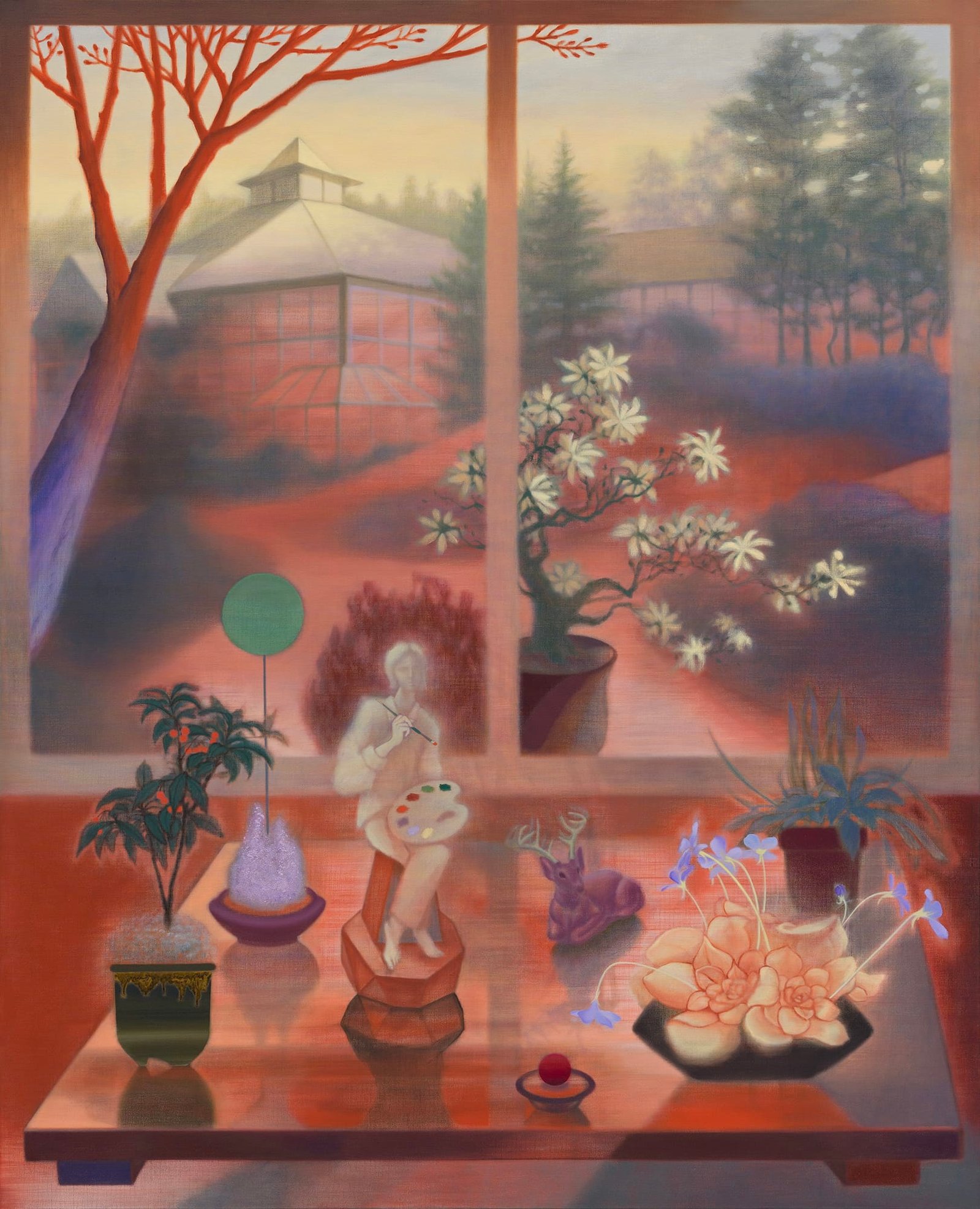 a painting of a window with a garden beyond, with decorative objects and food on a surface in the foreground