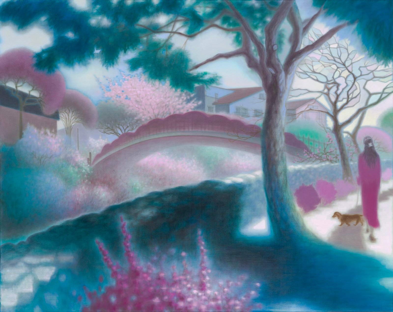a painting of a spring scene with blue and magenta tones with a river, trees, and a bridge
