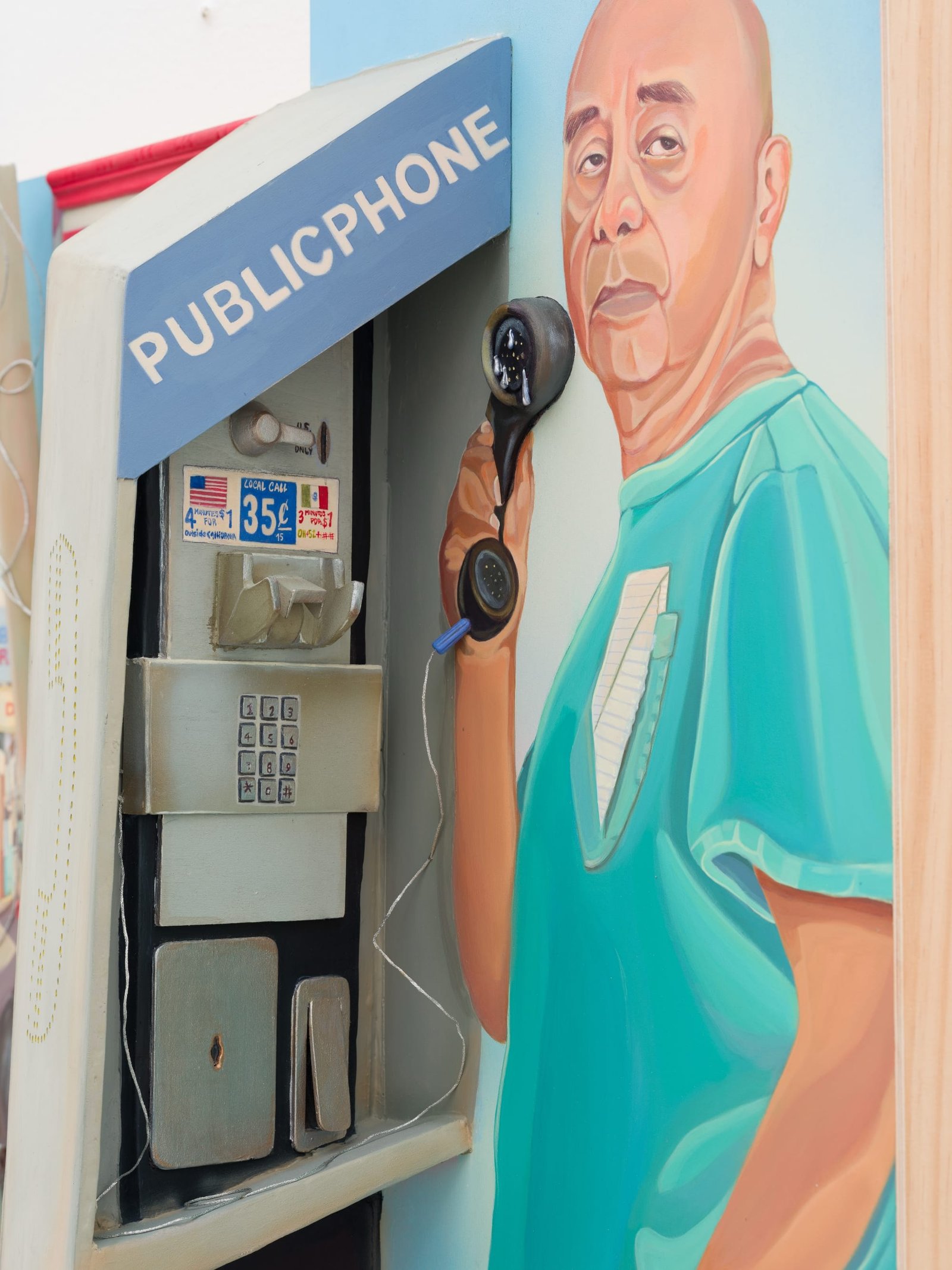 a sculptural painting by Estefania Ajcip of a man holding up a phone at a payphone