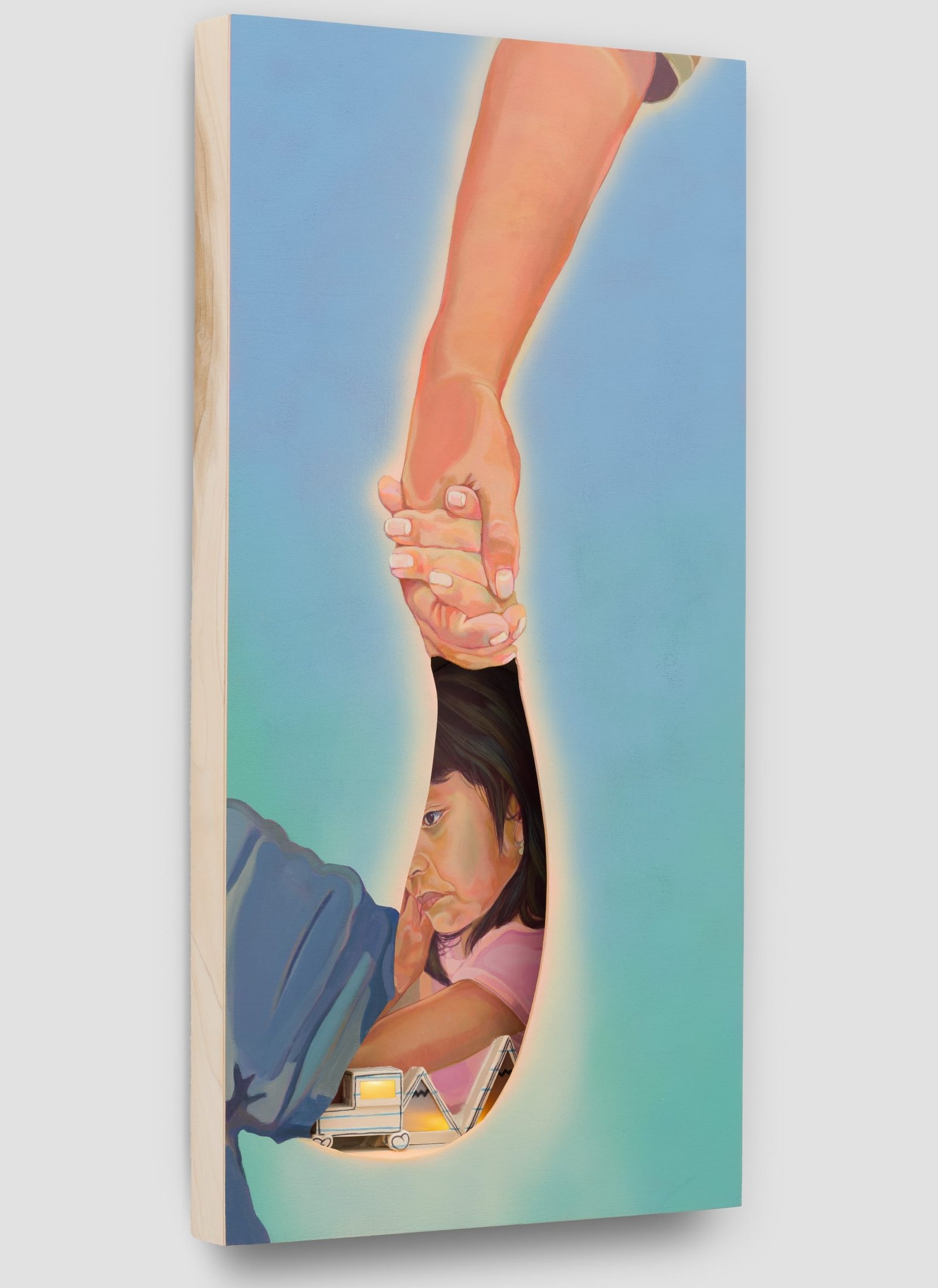 a sculptural painting by Estefania Ajcip of hands holding above an opening that reveals a young girl