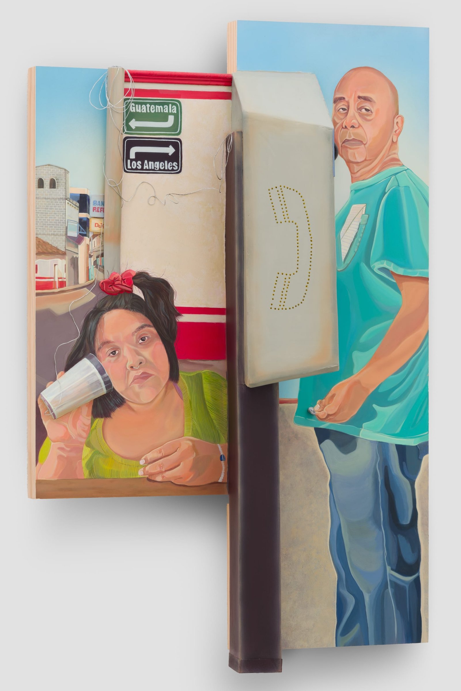a sculptural painting by Estefania Ajcip of a man at a payphone and a teen holding a cup to her ear on the other side