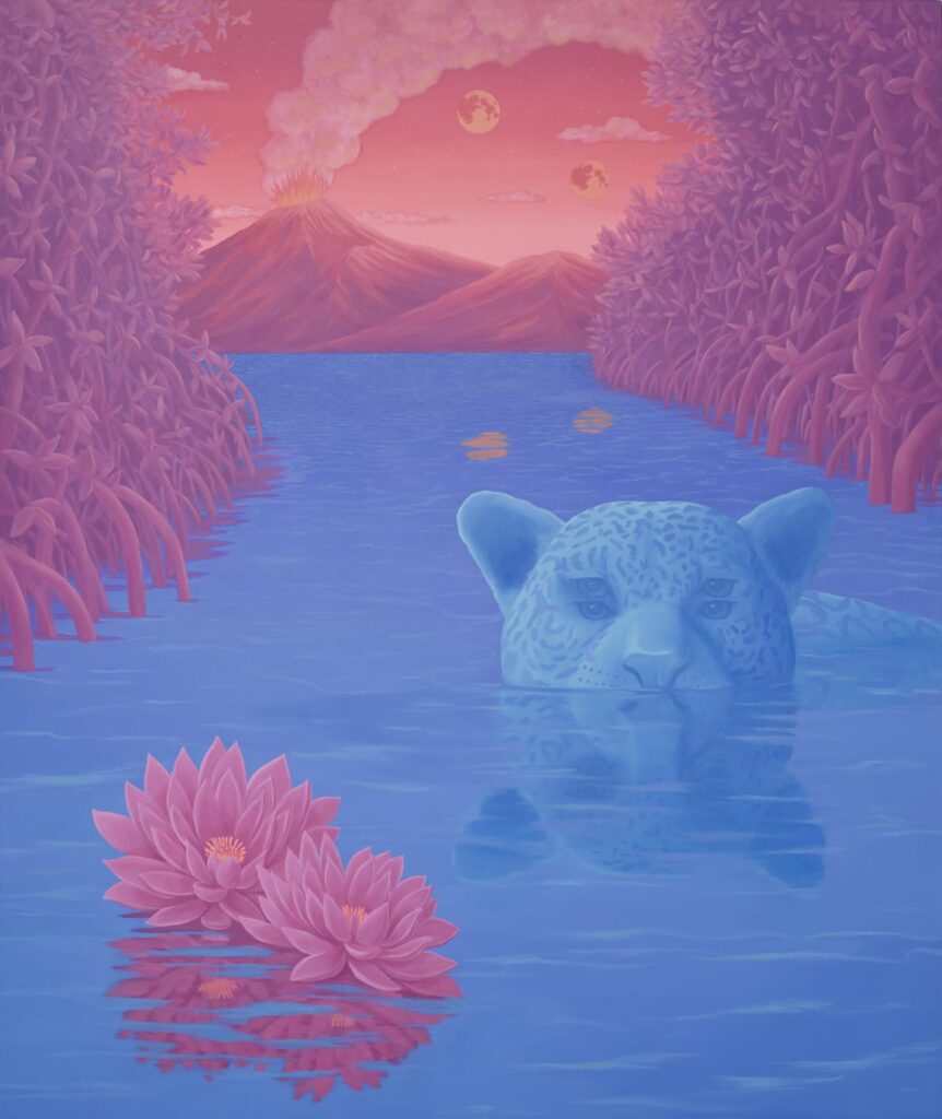 a vibrant painting by Anna Ortiz of a jaguar submerged in water with a pink mountain and jungle landscape behind