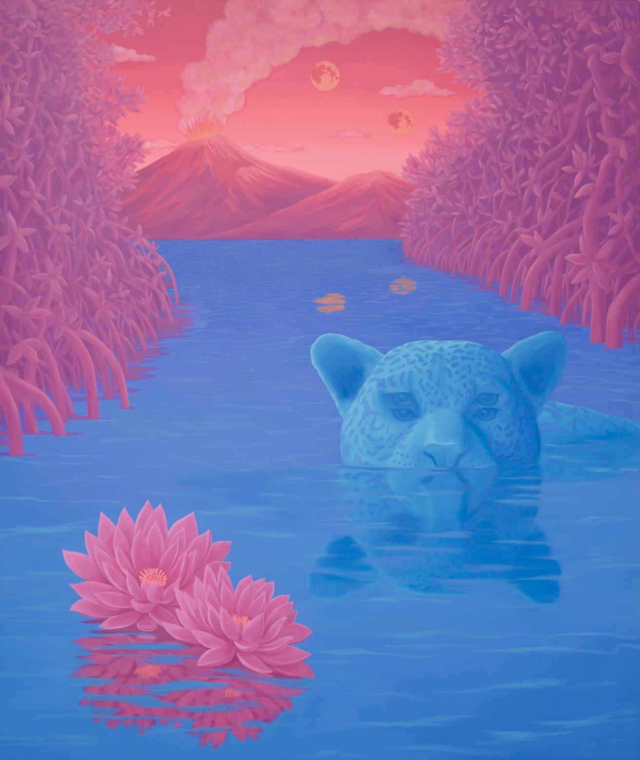 a vibrant painting by Anna Ortiz of a jaguar submerged in water with a pink mountain and jungle landscape behind