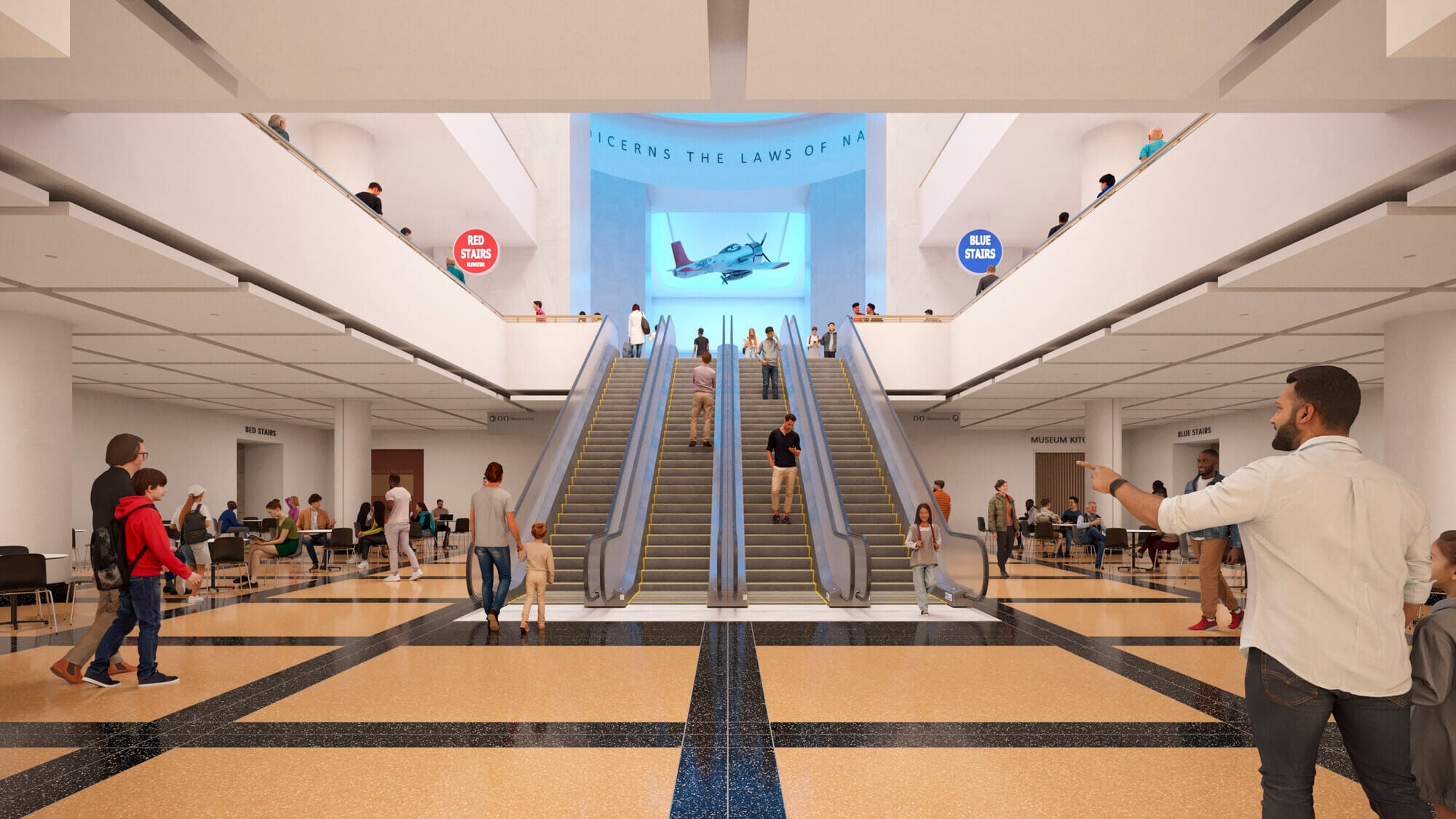 Rendering of the escalator lobby linking the Welcome Hall to the museum galleries.