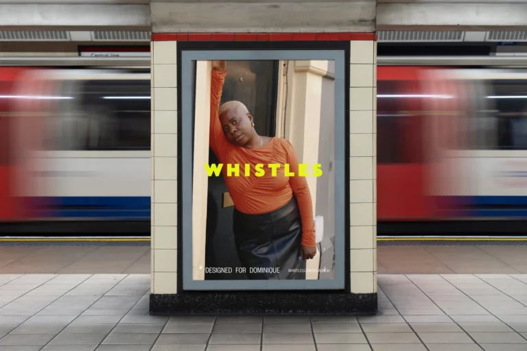 Whistles 50th anniversary campaign displayed in a London Underground station
