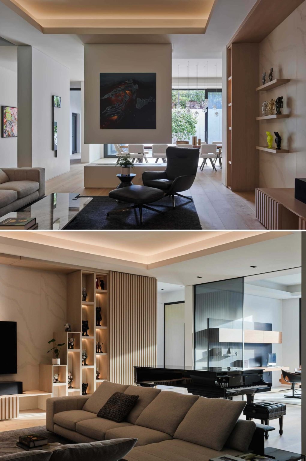 خلف مظهره الخارجي الكبير من الطوب، يفتح Nanton House على مساحة داخلية مليئة بالضوء مع أرضيات خشبية دافئة ومطاحن من الخشب الطبيعي ومدفأة وبيانو وغرفة مغلقة بالزجاج.